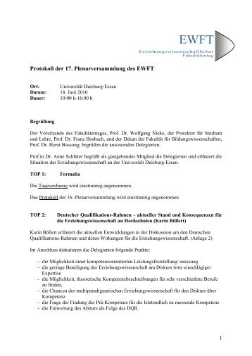 17. Plenarversammlung in Duisburg-Essen - EWFT