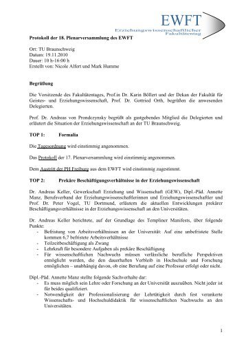 18. Plenarversammlung in Braunschweig - EWFT