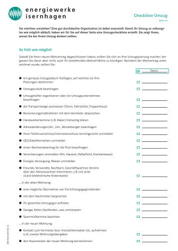 Checkliste Umzug - EWI Energiewerke Isernhagen