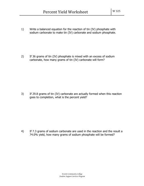 Percent Yield Worksheet - Everett Community College