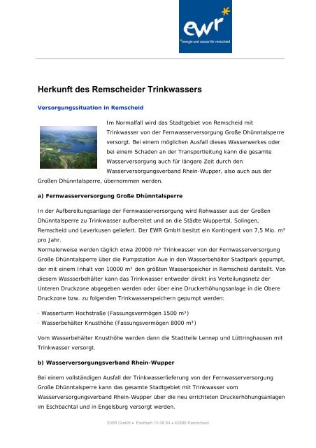 Herkunft des Remscheider Trinkwassers - EWR GmbH