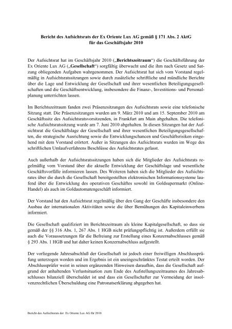 Bericht des Aufsichtsrats der Ex Oriente Lux AG gemäß § 171 Abs. 2 ...