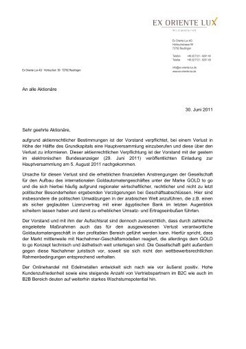 An alle Aktionäre 30. Juni 2011 Sehr geehrte ... - Ex Oriente Lux