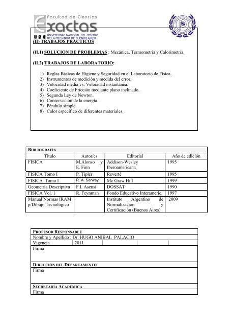 Programa Fisica general - Universidad Nacional del Centro de la ...