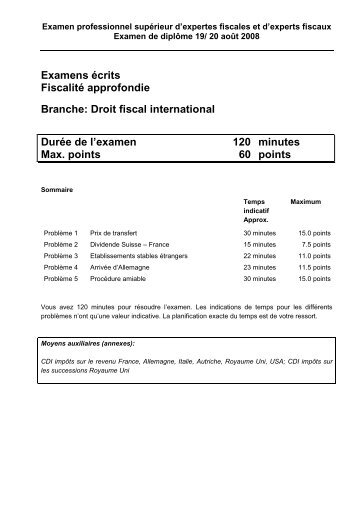 Examens écrits Fiscalité approfondie Branche: Droit fiscal ...