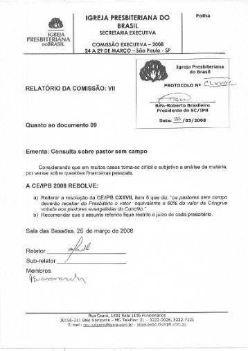 Doc. CLXVIII - Quanto ao documento 9 - Secretaria Executiva IPB