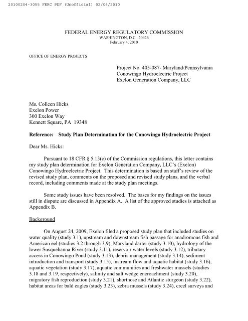 FEDERAL ENERGY REGULATORY COMMISSION Project No. 405 ...