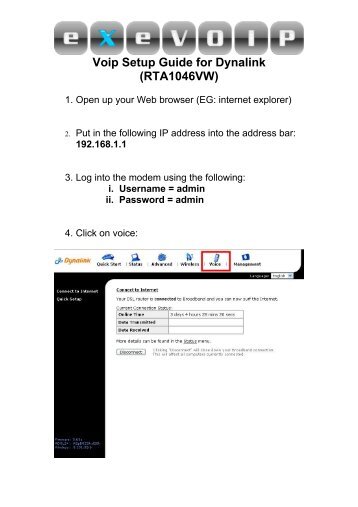 Voip Setup Guide for Dynalink (RTA1046VW) - Exetel