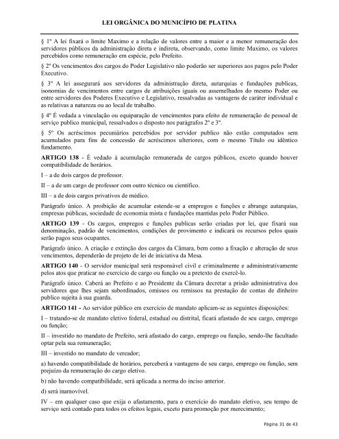 LEI ORGÂNICA DO MUNICÍPIO DE PLATINA - exitus consultoria e ...