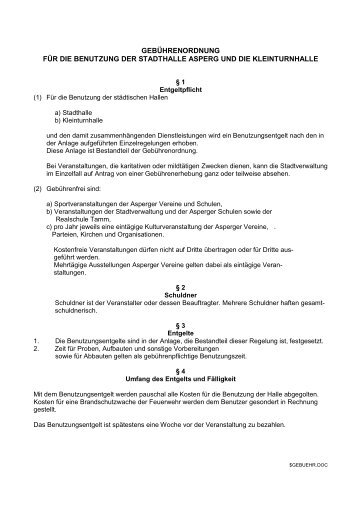 Gebührenordnung der Stadthalle und Kleinturnhalle