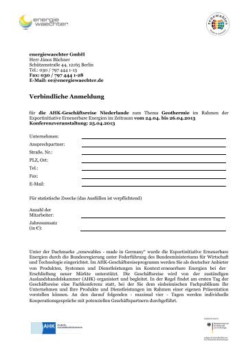 Anmeldeformular AHK-Geschäftsreise Niederlande - Exportinitiative ...