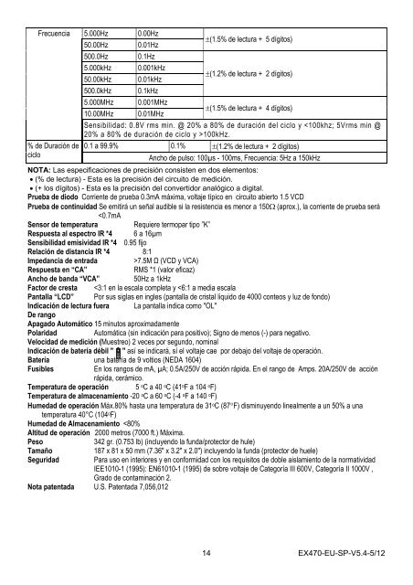 Manual del usuario Multímetro con mediciones en RMS - Extech ...