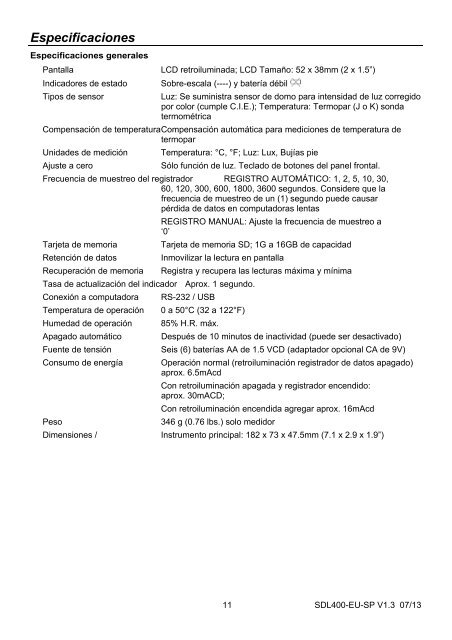 Manual del usuario Medidor de luz - Extech Instruments