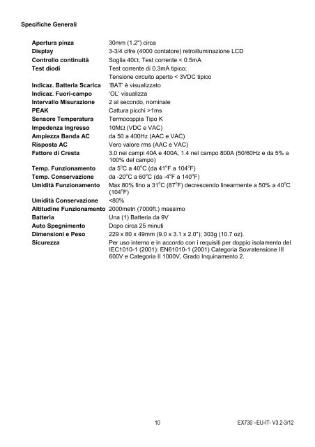 Manuale d'Istruzioni EX730 Pinza Amperometrica 800A AC/DC ...
