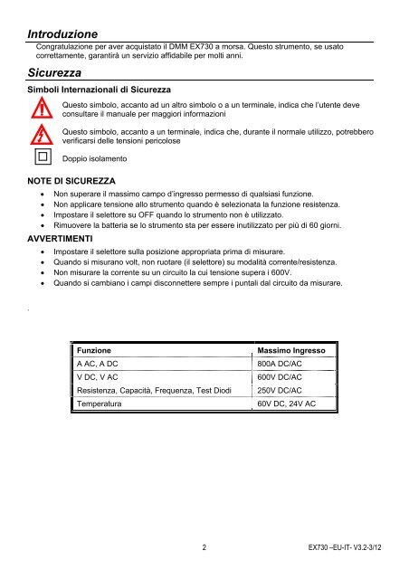 Manuale d'Istruzioni EX730 Pinza Amperometrica 800A AC/DC ...