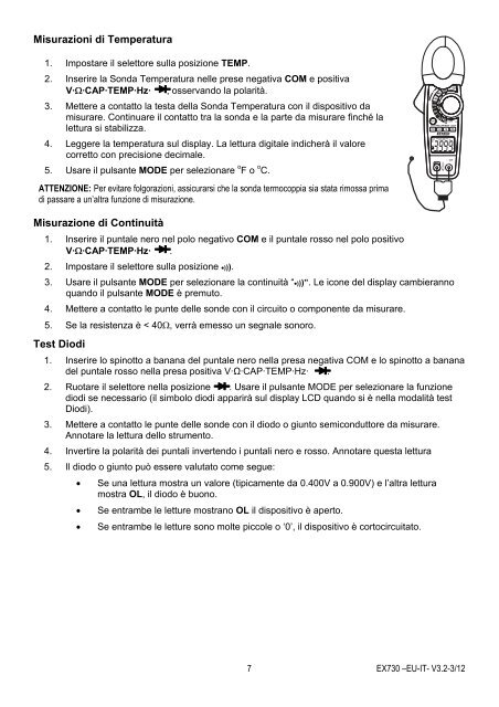 Manuale d'Istruzioni EX730 Pinza Amperometrica 800A AC/DC ...