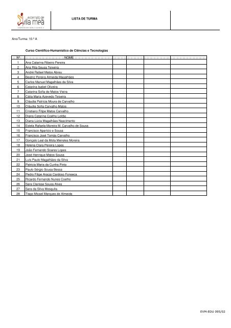 Lista De Turma Ano Turma 10 º A Curso Cientifico Humanistico