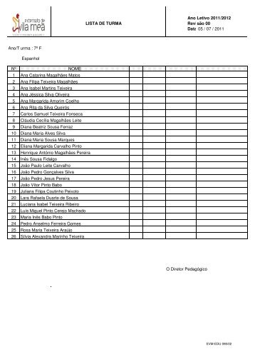 (turmas 7\272 ano 2011-2012.xls) - Externato de Vila Meã