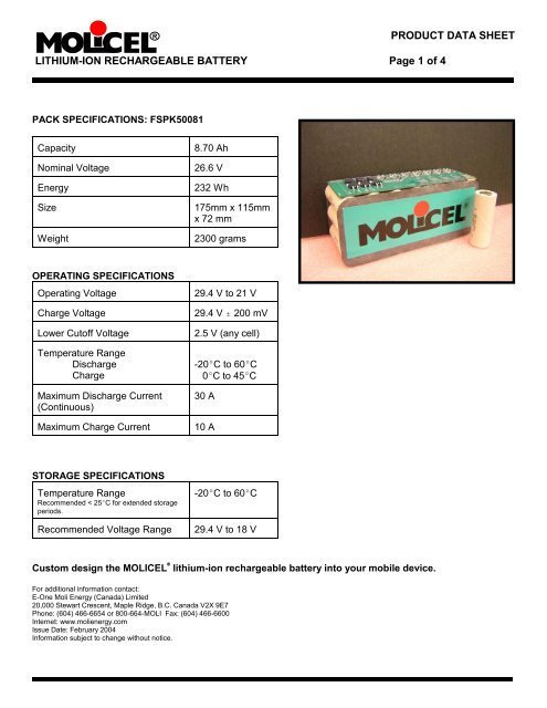 Pretest Report E-One Moli Energy Canada - ExtraEnergy.org