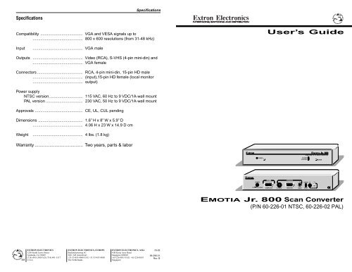 User's Guide EMOTIA Jr. 800 Scan Converter - Extron Electronics