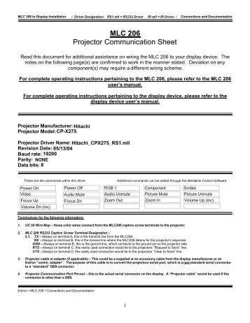 MLC 206 Projector Communication Sheet