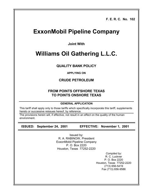 ExxonMobil Pipeline Company Williams Oil Gathering L.L.C.