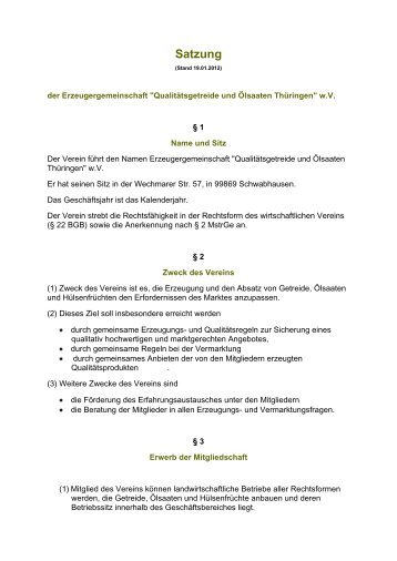 Satzung - EZG Qualitätsgetreide und Ölsaaten Thüringen w.V.