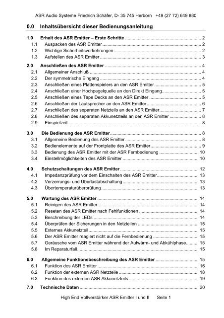 1.0 Erhalt des ASR Emitter - ASR Audio Systeme Friedrich Schäfer