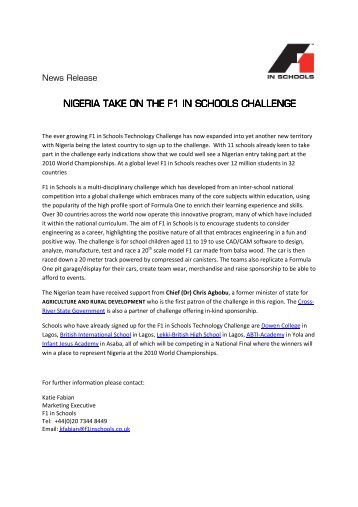 NIGERIA TAKE ON THE F1 IN SCHOOLS CHALLENGE