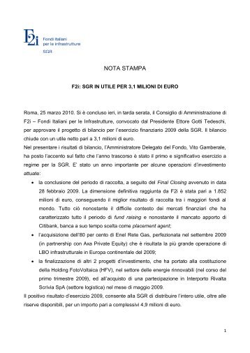 F2i: SGR in utile per 3,1 milioni di euro