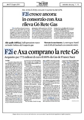 F2i e Axa comprano la rete G6 - F2i SGR