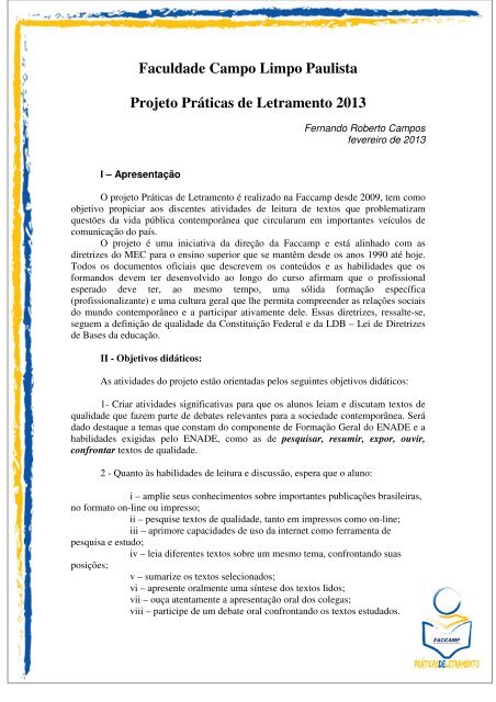 Faculdade Campo Limpo Paulista Projeto Práticas de ... - Faccamp