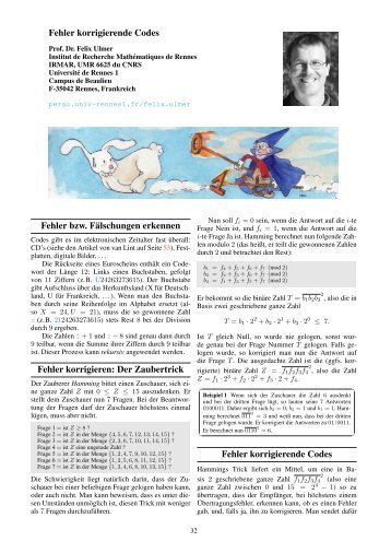 Fehler korrigierende Codes - Fachgruppe Computeralgebra