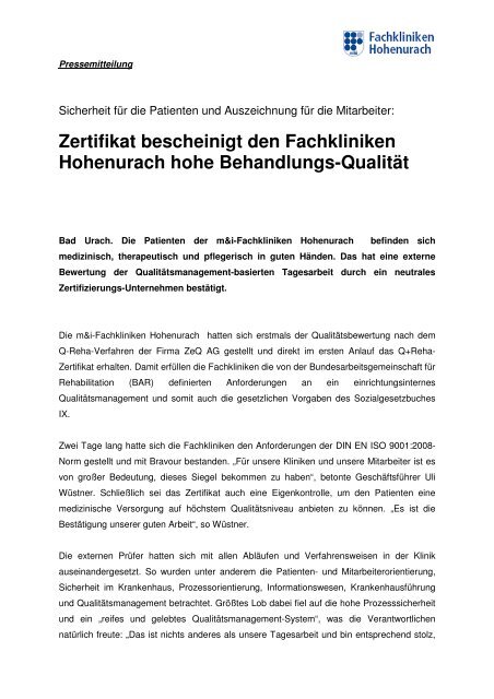 Zertifizierung KHU - Fachklinik Hohenurach