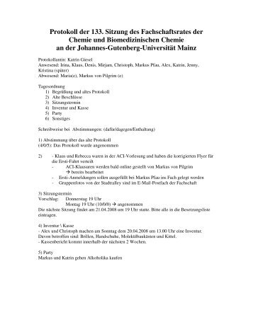 Protokoll der 133. Sitzung des Fachschaftsrates der Chemie und ...