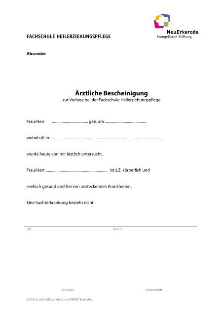 Ärztliche Bescheinigung - Fachschule Heilerziehungspflege