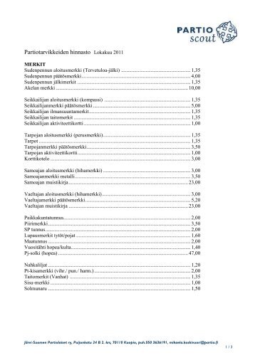 Partiotarvikkeiden hinnasto Lokakuu 2011 - Järvi-Suomen Partiolaiset