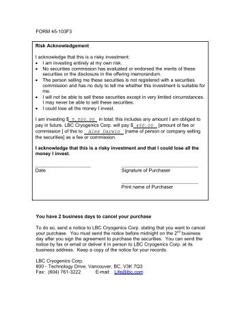 View PDF of Sample Risk Acknowledgement - British Columbia ...