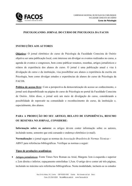 PSICOLOGANDO: JORNAL DO CURSO DE PSICOLOGIA ... - Facos