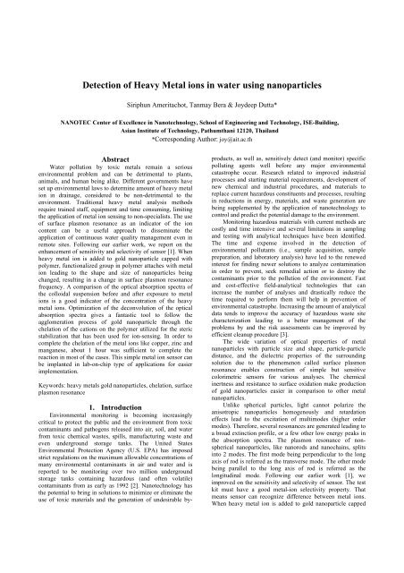 Detection of Heavy Metal ions in water using nanoparticles