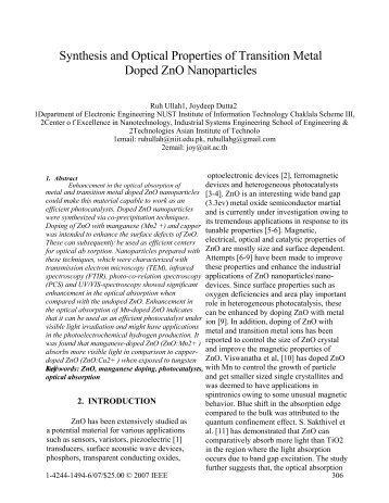 Synthesis and Optical Properties of Transition Metal Doped ZnO ...
