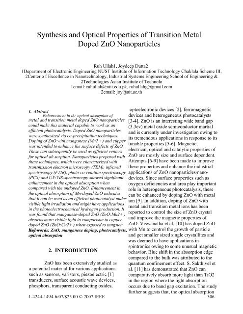 Synthesis and Optical Properties of Transition Metal Doped ZnO ...