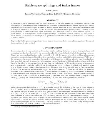 Stable space splittings and fusion frames - Faculty.jacobs-university ...