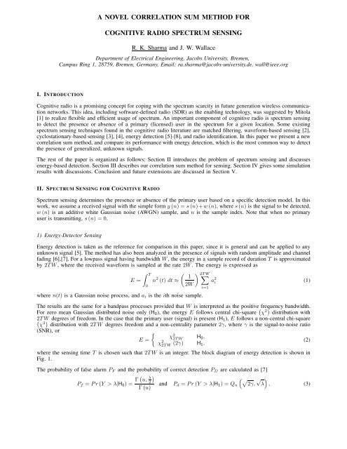 a novel correlation sum method for cognitive radio spectrum sensing