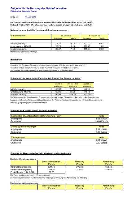 Preisblatt Netznutzung 2013 - Fährhafen Sassnitz