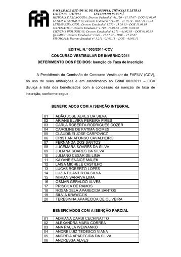 Edital de Divulgação dos Contemplados com a Isenção - FAFIUV