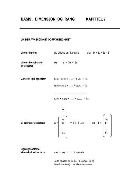 Kap 7 -- basis , dimensjon og rang.