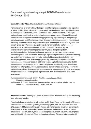 Sammendrag av foredragene på TOBANO-konferansen 16.-20.april ...