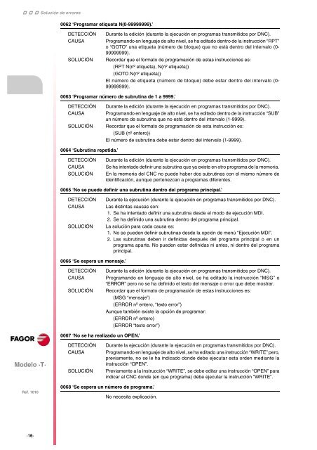 CNC 8055 - Solución de errores - Fagor Automation