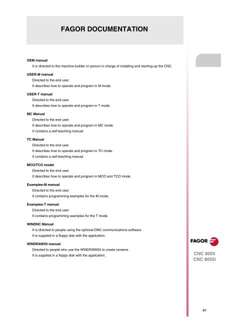 CNC 8055 - Operating manual (MC option) - Fagor Automation